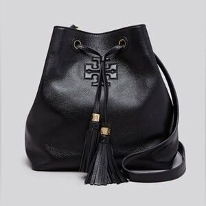 Tory Burch Black Leather Shoulder Bag with Tassel Details